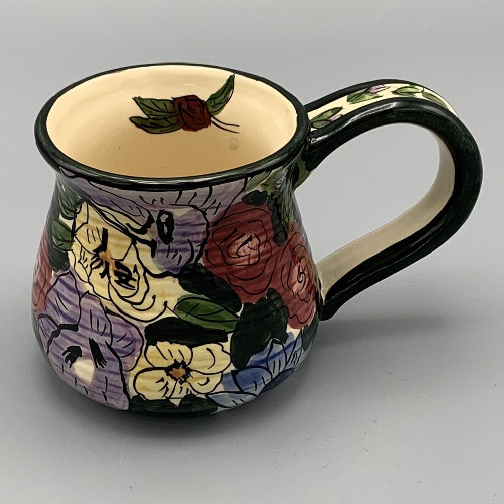 2001 Blue Sky Corp Floral Coffee Mug Forest Green Multi Colored Spring Flowers